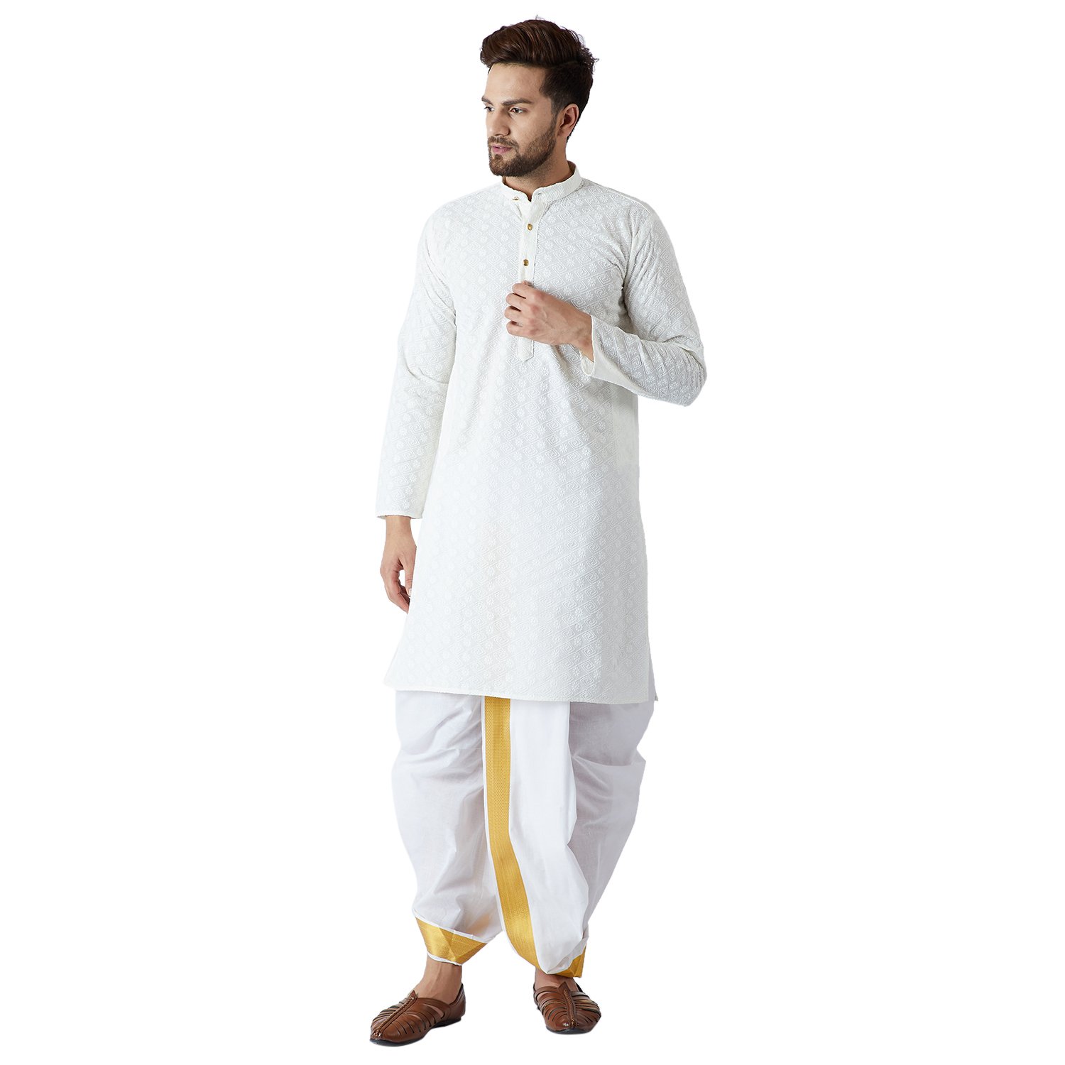 sojanya (since 1958), men's pure chicken cotton kurta dhoti combo