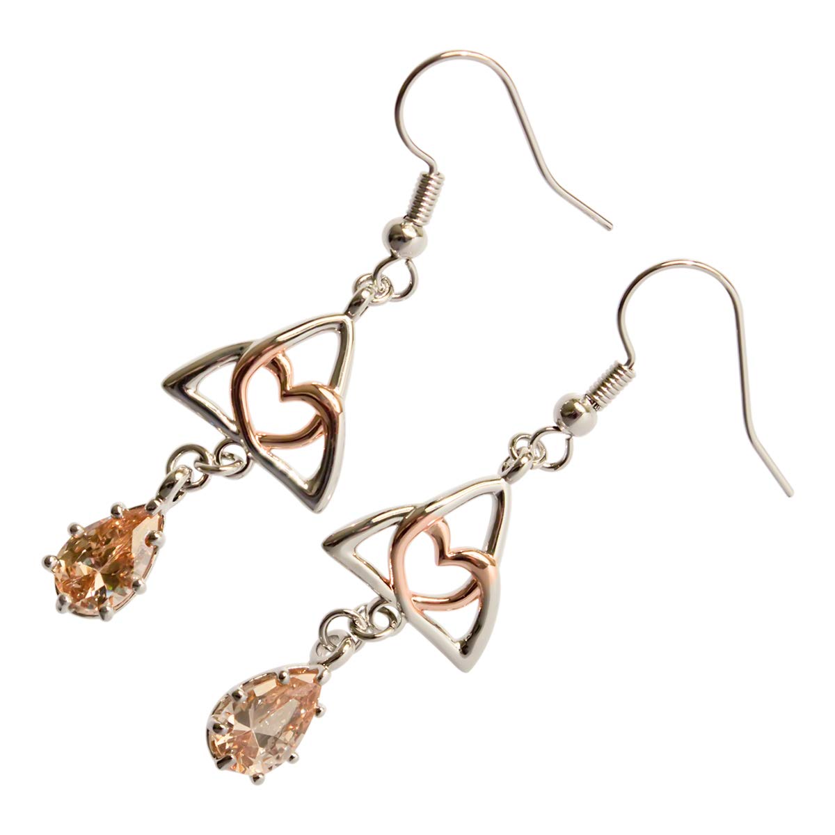 GWG Jewellery 18K White Gold Coated Celtic Trinity Knot Formed of Rose Gold Coated Inner Heart and Champagne Pear Crystal Dangling 2 Tone Earrings in Gift Box for Women