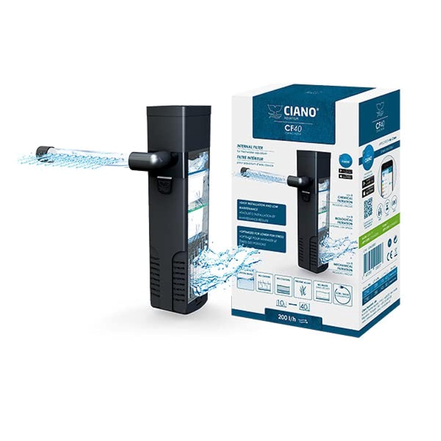 Ciano CF40 Aquarium Internal Filter - Flow of 200L/h. Suitable for aquariums between 10-40L.
