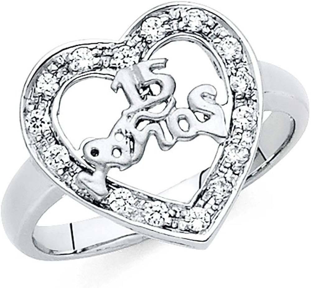 Quinceanera 15 Anos Ring Solid 14k White Gold Heart Quince Band Stylish