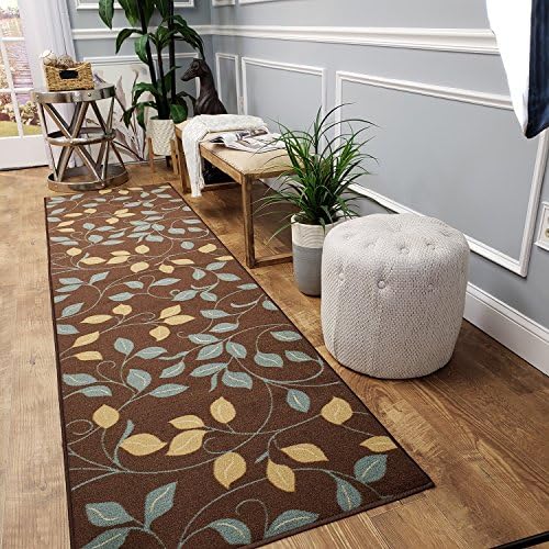 CUSTOM CUT 22-inch Wide by 16-feet Long Runner, Brown Floral Non Slip, Non-Skid, Rubber Backed Stair, Hallway, Kitchen, Carpet Runner Rug - Choose your Width by Length