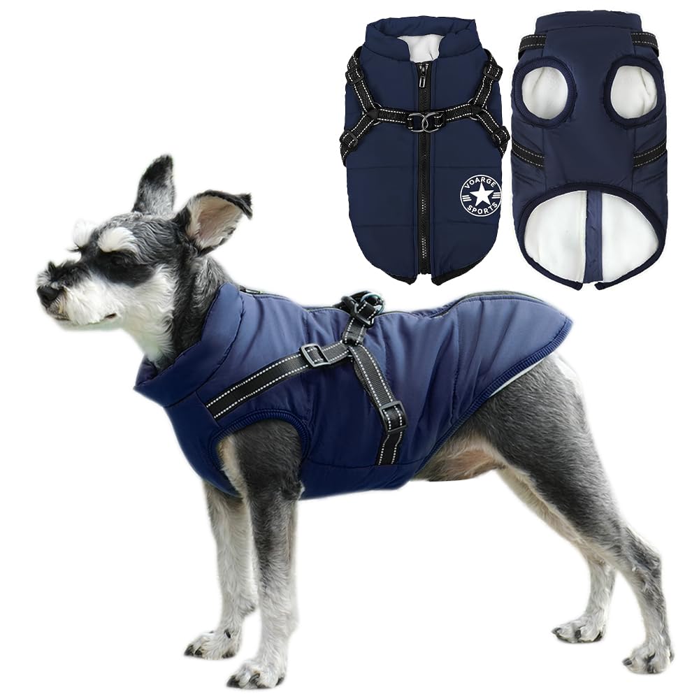 Voarge Dog Jacket, Winter Vest, Jackets, Dog Coat with Harness for Small Dogs, Waterproof Machines, Washable, Reflective Stripe Design, Durable D-Ring (Blue, S)