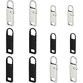 Urmspst Zipper Pull Replacement (Upgraded), 12 Pcs Detachable Zipper Pull Tabs for Luggage Clothing Jackets Backpacks Boots Purse Coat(2Size, 2 Color Black and Silver)