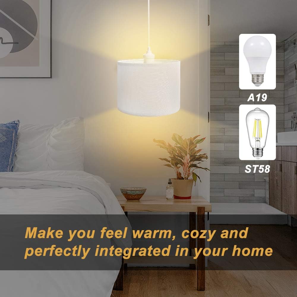 QITIM 2 Pack Plug in Pendant Light Indoor, White Linen Shade Hanging Light Fixture for Kitchen, Living Room, Dining Table, 15FT Clear Cord with On/Off Switch, E26 Socket - - 