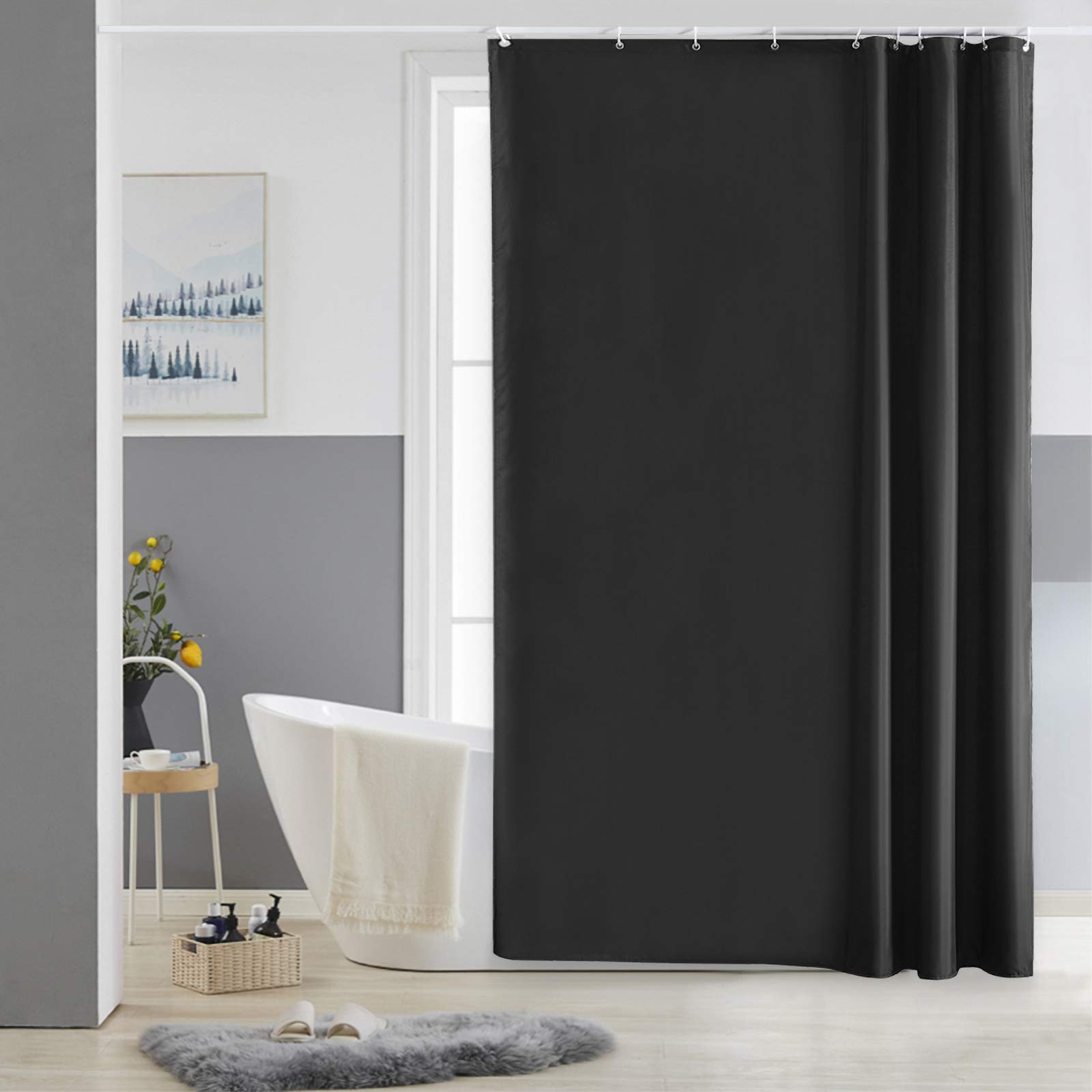 Furlinic Shower Curtain Mould Proof Resistantand Waterproof Washable Polyester Fabric Black Bath Curtains with Weight Tape 10 Hooks for Wetroom 60x72 Inch.