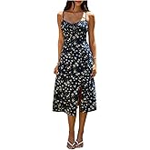 Floerns Women's Boho Floral Cami Dress Thigh Slit Spaghetti Strap Vacation Midi Sundress