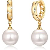 XYJZXY Elegant Simulated Pearl Hoop Earrings - Lightweight Faux Pearl Dangle Drop Earrings for Women - CZ Diamond Pearl Wedding Jewelry