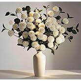 LESING 10pcs Long Stem Artificial Flowers with Eucalyptus for Vase,20" Tall Fake Silk Pompon Mum Flower Bulk Arrangement for Home Living Room Decor (White,10pcs)