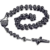 Flongo Men's Women's Vintage Stainless Steel 6mm Beads Black Jesus Christ Crucifix Cross Rosary Pendant Necklace, 30 inch Catholic Rosary Beads Pray Necklace