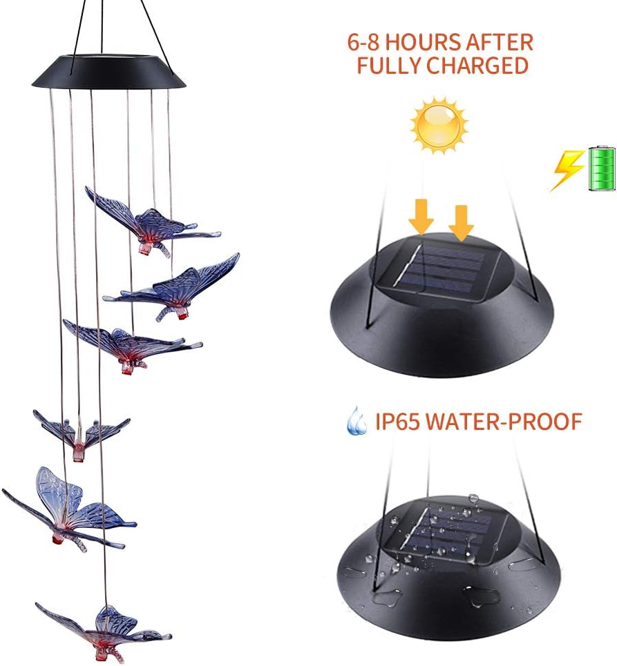 ecoeco LED Solar Butterfly Wind Chime, Wind Chimes Outdoor Changing Color Waterproof Six Hanging Lights Wind Chimes Solar Mobile for Home Party Night Garden Decoration : Garden & Outdoor