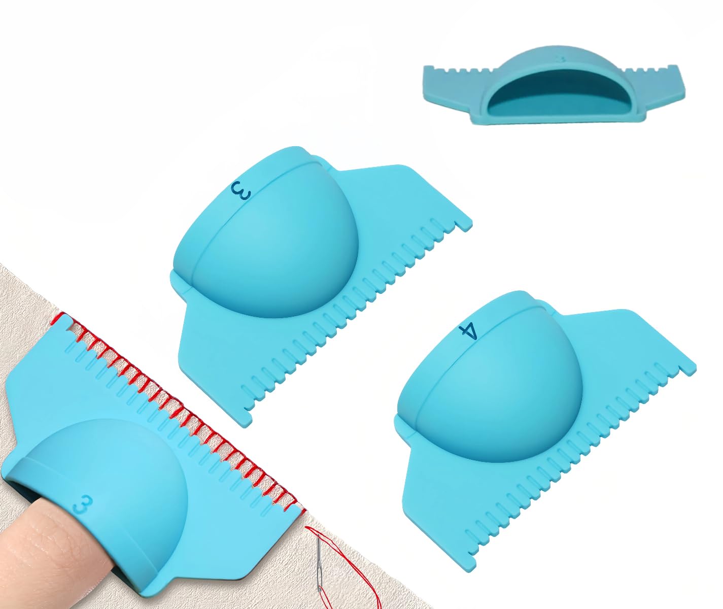 Photo 1 of 2 PCS 2mm Thick Needle-Puncture Resistant Thumb Guide Ruler for Seam Finishing, Silicone Scalable Semi-Circular Fits Small/Large Fingers 3mm/4mm Edge Stitch Lock and Sewing Gauge Blue
