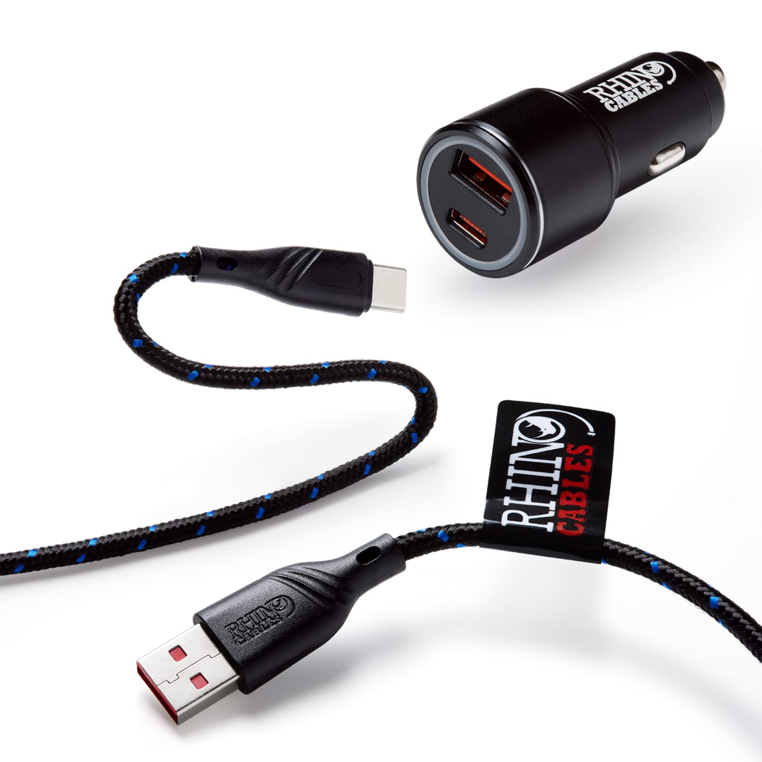 rhinocables USB C Charger Cable with Dual Port Car Charger Plug - USB A/USB C Car Charger for Charging on the Go, 2m (More Lengths Available)