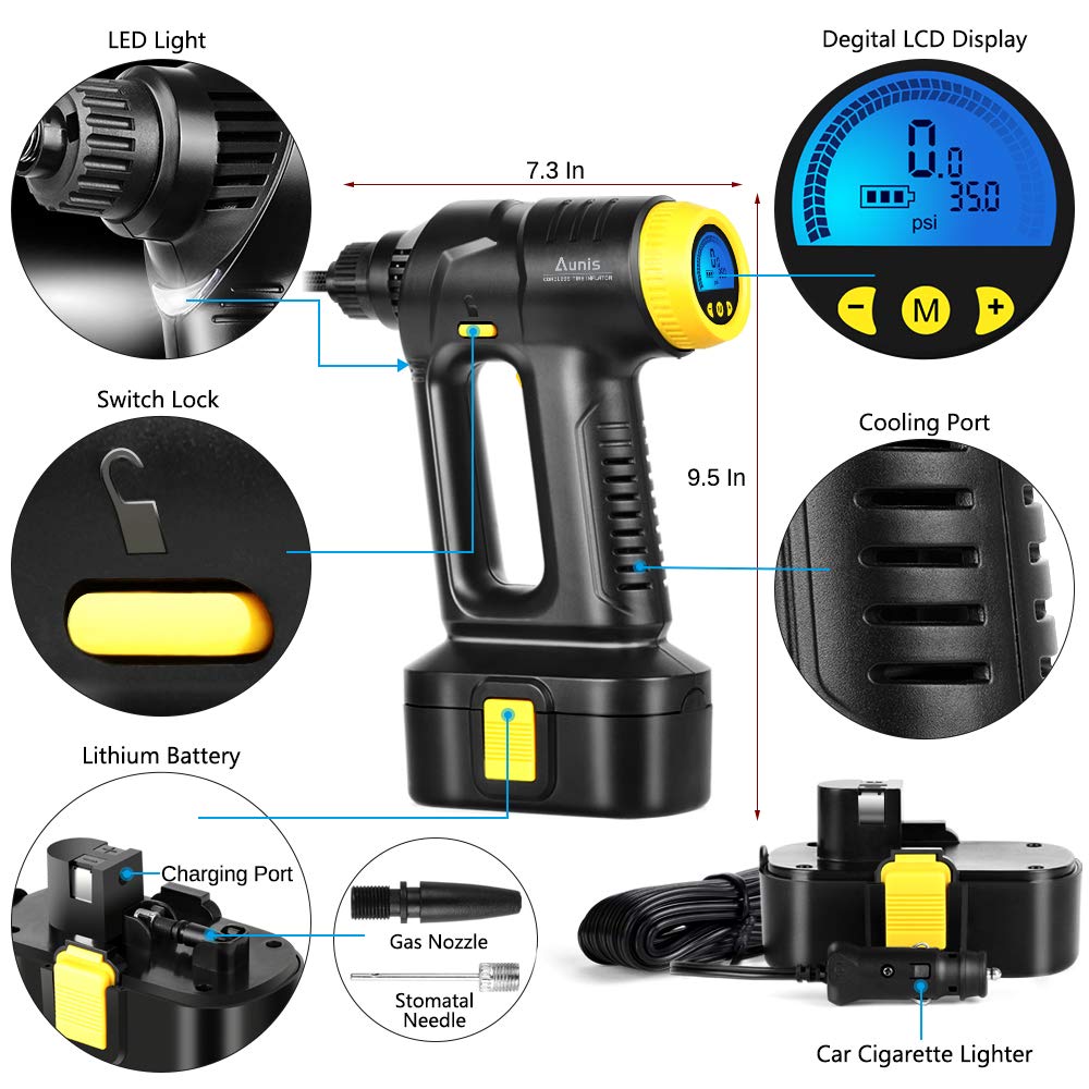 Air Compressor, Portable CordlessTire Inflator, Hand Held Pump with LED