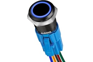 AUNOVG 16mm Latching Push Button Switch 12V-Small Latching Push Button Switch,Low Voltage Switch 12v for Push Light Switch,led on Off Switch 12v,Electrical Button,Marine Parts(Black Shell,Blue LED)