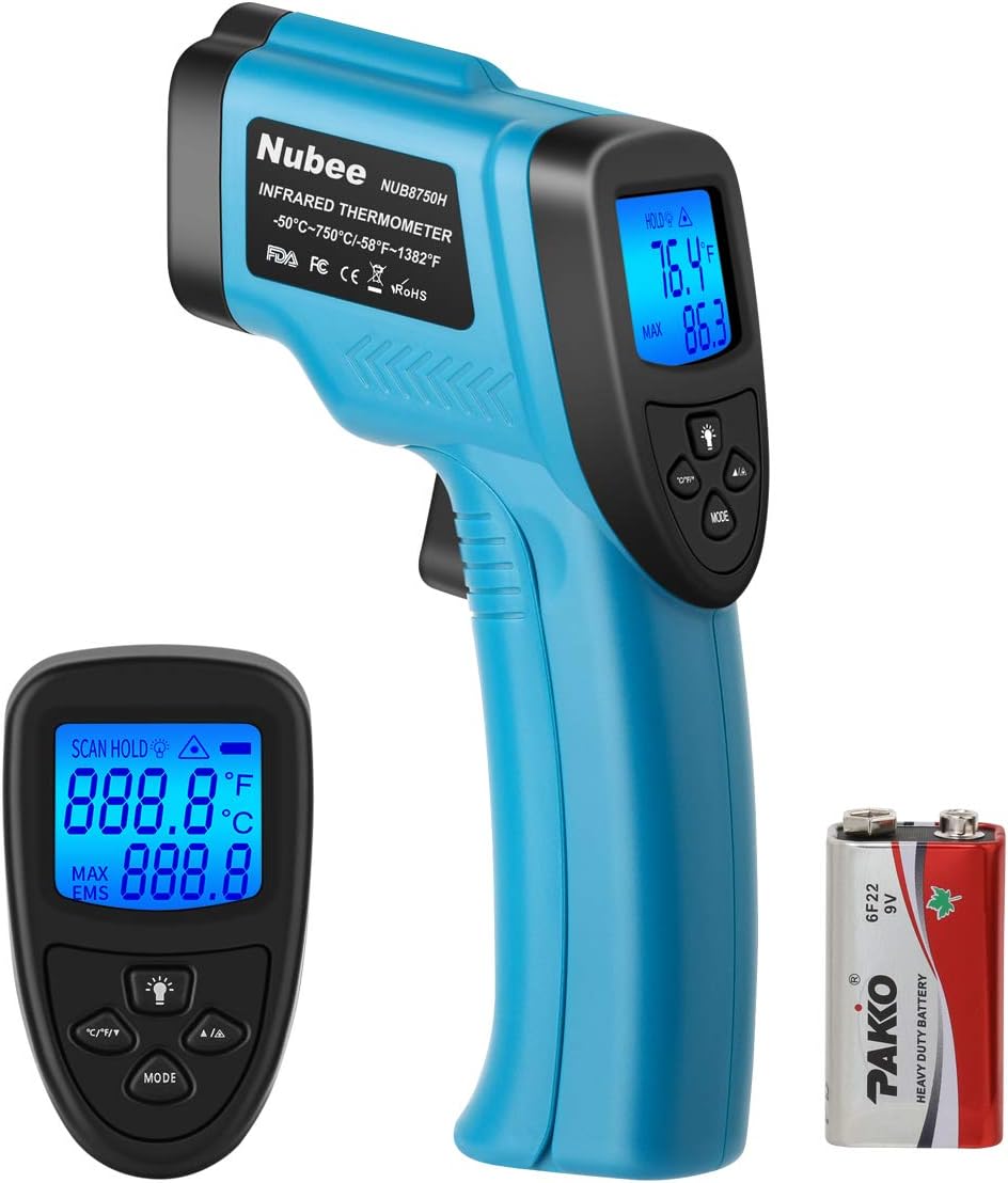 Nubee NUB8750H Digital Infrared Thermometer -58°F~ 1382°F (-50°C ~ 750°C) with Adjustable Emissivity & Max Display Non-Contact Temperature Gun with Laser Thermometer for Cooking Meat Kitchen Pool Oven