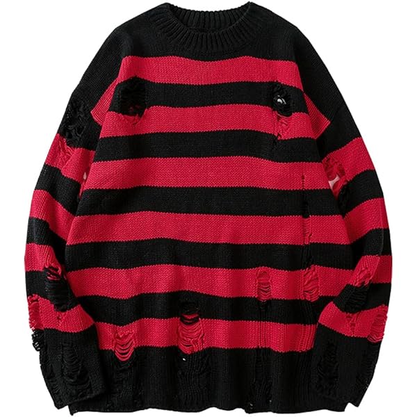 Womens Casual Striped Print Ripped Long Sleeve Loose Sweater