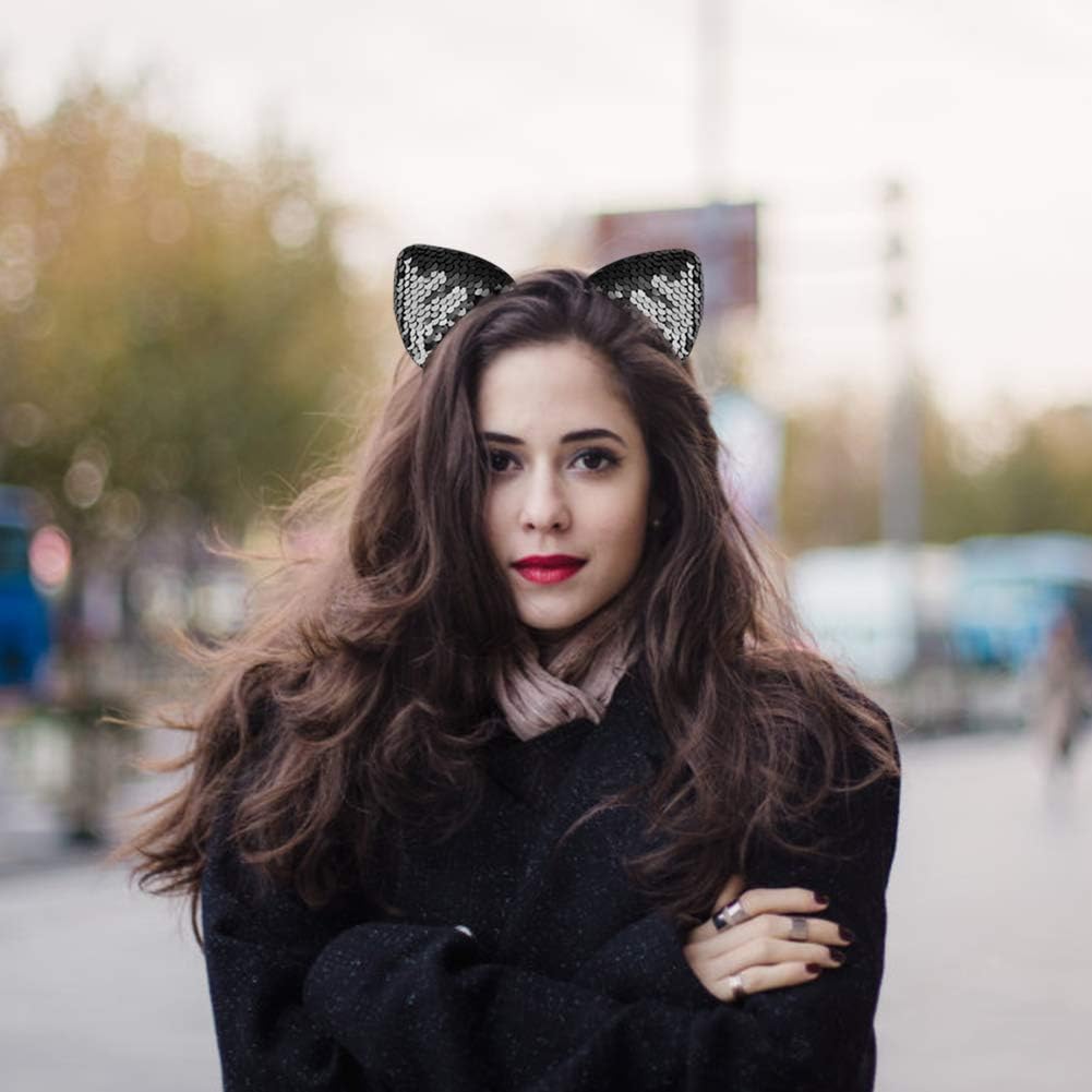 WXJ13 10 Pieces Cat Ears Headbands Reversible Sequins Headbands Have 2 Different Colors Hair Accessories for Girls and Women - Image 3