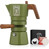 Bincoo 120ML Stovetop Espresso Maker Double Valve Moka Pot with Thermostat Extractor Prevent over-extraction,Italian Espresso Moka Pot with Powder Dispenser and Filter Paper for Home(Green)