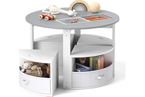 Costzon Kids Table and Chairs, 5 Pieces Wooden Round Children Nesting Table with 4 Storage Stools & 4 Fabric Drawers for Activity, Play, Art, Read, Craft, Eat, Toddler Table and Chair Set (Gray)