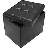 AmasSmile Storage Ottoman Folding Foot Rest Stool, Leather Footstool Bench, Short Ottoman Stool, Storage Foot Rest Store, Books (Black, 17" D x 13" W x 13" H)