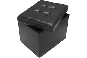 AmasSmile Storage Ottoman Folding Foot Rest Stool, Leather Footstool Bench, Short Ottoman Stool, Storage Foot Rest Store, Books (Black, 17" D x 13" W x 13" H)