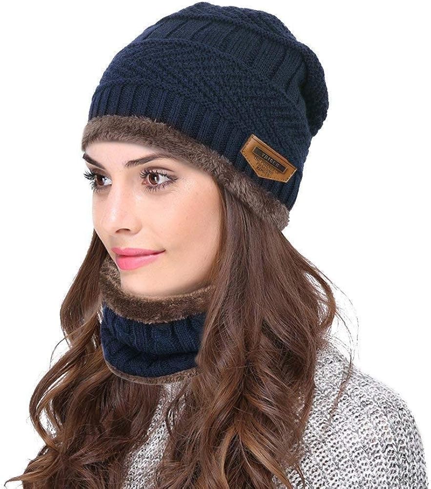 Bkrdty Winter Beanie Hat Scarf Set Fleece Liner Warm Knitted Hat and Circle Scarf for Men and Women Indoors and Outdoor Navy - Image 3