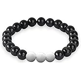 Karelian Heritage Black Shungite and White Agate Beaded Bracelet, 8mm Handmade Stretchy Unisex, Crystal Healing Authentic Stone, Spiritual Chakra Balance Jewelry BO21