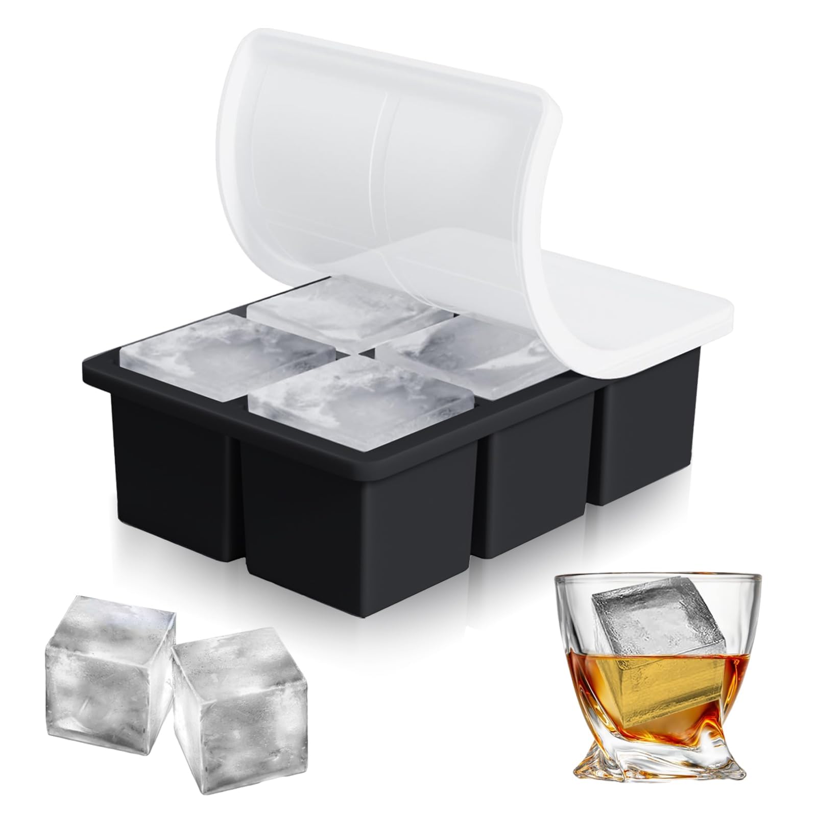 Silicone Square Ice Cube Mould with Lid - Large Square Ice Cubes for Whiskey,Cocktails,Drinks, 6 Compartments (Black)