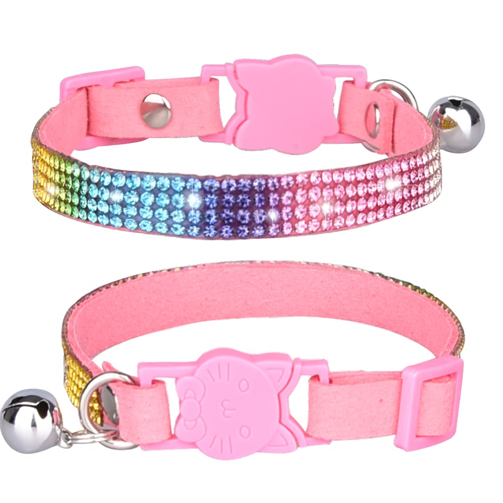 Pet Collar,Cat Chammy Leather Collar with Bell Safety Buckle Release,Bling Bling Rainbow Rhinestone Kitten Collars Adjustable 20-32cm for Cats Puppy small dogs (Pink, X-Small)