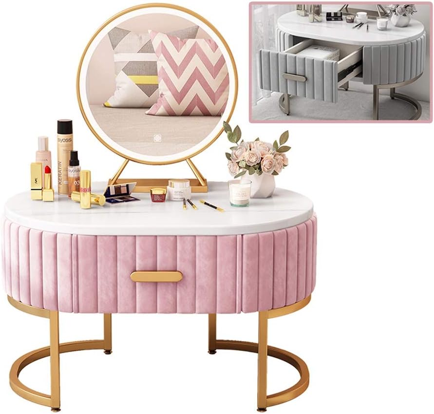 Dressing Tables with LED mirror Solid wood storage makeup table Bay window leisure computer desk Girl small dresser Removable vanity mirror (Color : Pink(With mirror), Size : 50cm)
