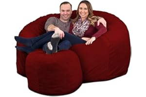 ULTIMATE SACK 6000 Bean Bag Chair w/Footstool: Giant Foam-Filled Furniture - Machine Washable Covers, Double Stitched Seams, Durable Inner Liner, and 100% Virgin Foam Footstool Incl (Burgundy, Suede)