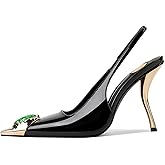 USRUNOE Rhinestones Slingback Kitten Heels Pointed Closed Toe Pumps for Women, Stiletto 4Inch High Heeled Sandals for Dress Shoes,Black 8.5