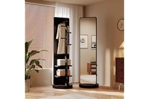 360° Rotating Full Length Mirror, Solid Wood Floor Mirror and Coat Rack & Storage Rack, Dressing Mirror for Bedroom, Living R