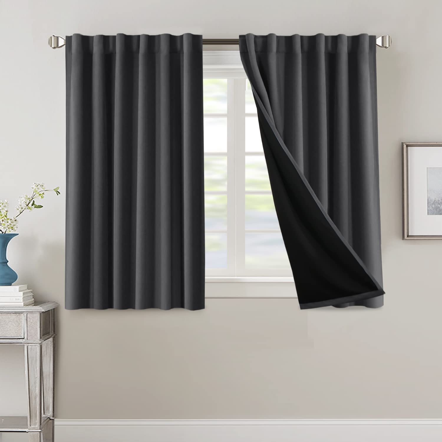 H.VERSAILTEX 100% Blackout Curtains for Bedroom with Black Liner Full Room Darkening Curtains 45 Inch Long Thermal Insulated Back Tab/Rod Pocket Window Drapes for Living Room, 2 Panels, Charcoal Grey
