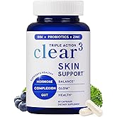 Clear Skin Supplement with Zinc, DIM & Probiotics | 3-in-1 Balance, Glow & Health Skin Support | Triple Action Hyaluronic Acid, Niaciminide & Vitamins for Hormone, Complexion & Gut Support | 60 Ct