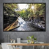 Framed Canvas Wall Art Forest Waterfalls Group Multicolor Nature Photography Realism Relax/Calm - 16x24 inches