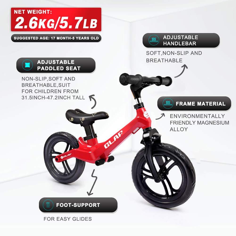 Glaf 12 inches Kids Balance Bike No Pedal Bicycle Walking Bicycle Children Toddler Balance Bike for Kids Adjustable Handlebar and Seat Training Running Bicycle for Ages 17 Month-5 Years Old (Red)