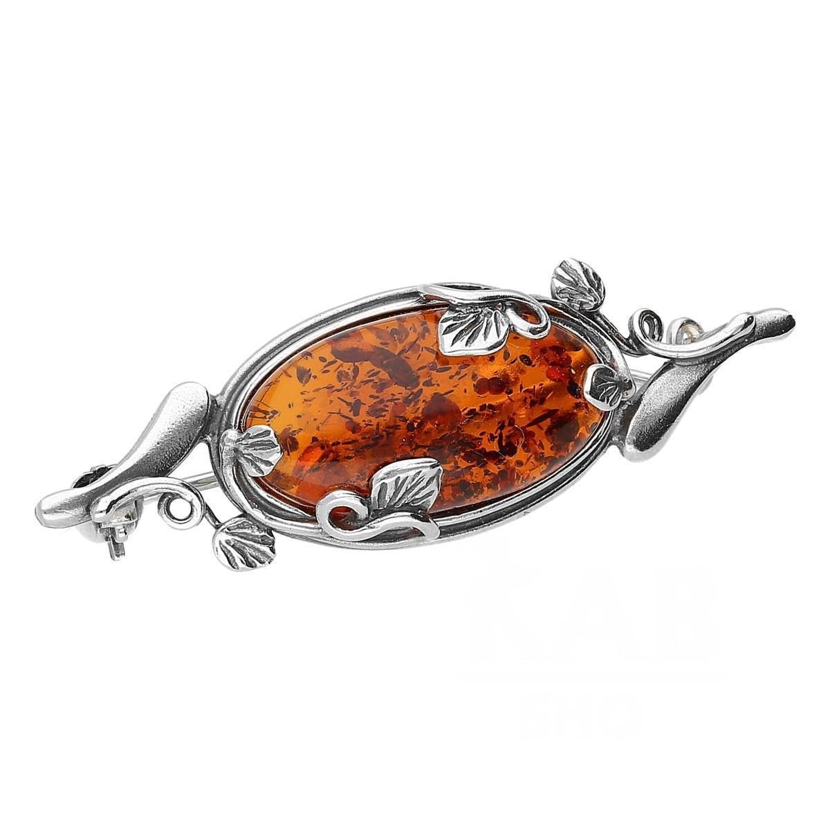 Fancy & Victorian Foliate Oxdisied Oval Silver Brooch Pin/Clip in Cognac Orange Amber in Vintage Style for Women Ladies - 925 Sterling Silver - Amber Jewellery for Women
