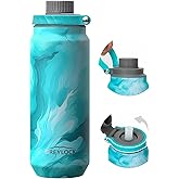 GREYLOCK 24 oz Insulated Water Bottle with Straw Lid, Leakproof Reusable Stainless Steel Vacuum Flask, 24hr Cold & Hot, Carry Handle & Silicone Spout, BPA-Free for Gym, Hiking, Travel,Blue