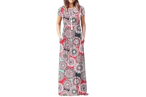HIUARA 2023 Women Short Sleeves Dresses with Pockets Long Sun Dresses Summer Boho Casual Crewneck Beach Maxi Long Dress