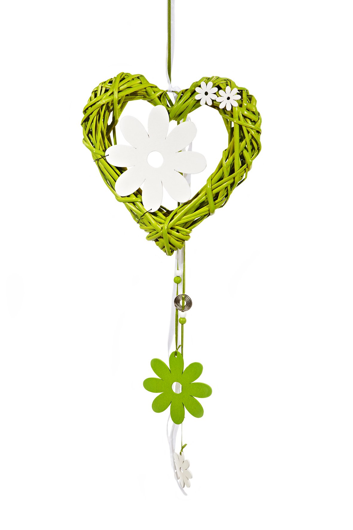 Heitmann DECO 63757 Wicker Heart with decorative and Wooden Flowers – Green/White, 50 x 20 x 4.5 cm