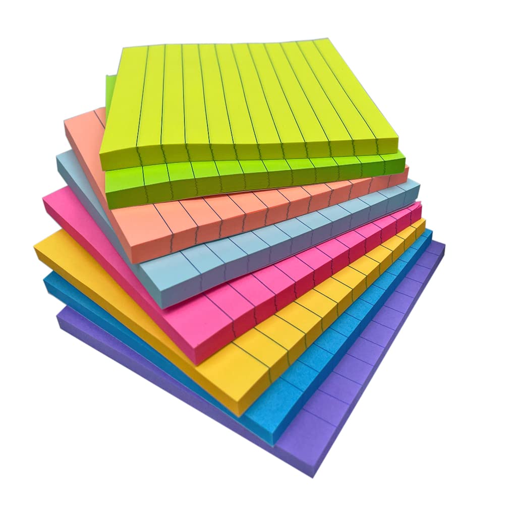 4 x 4 Inches Lined Sticky Notes for Post,8 Bright Colors Self-Stick Notes, 50 Sheets Per Pad, 8 Pads, 400 Sheets Total