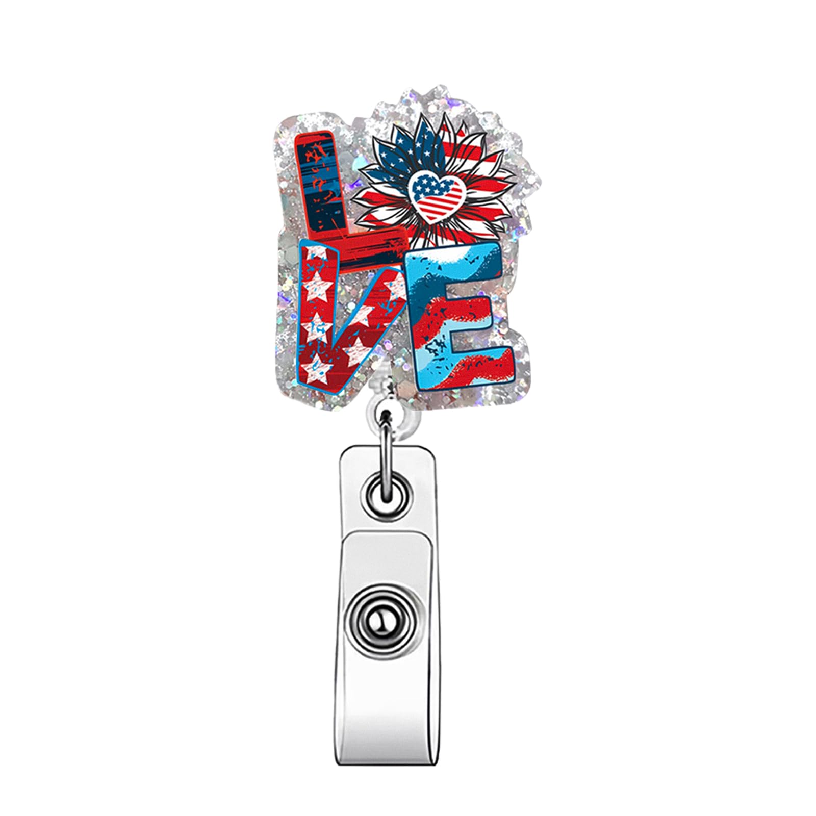 Photo 1 of 1Pcs Independence Day Badge Reel with Alligator Clip - 4th of July Badge Reel Retractable Badge Clip Glitter Acrylic Name Badge Holder, Love Sunflower Design for Nurses, Students, Office Employee