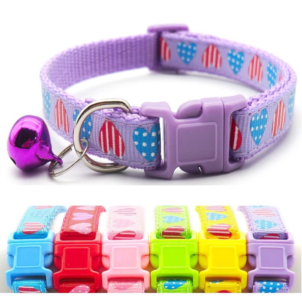 Small Dog Puppy Pet Collar Love Heart Design with Bell Nylon Adjustable Size 19-32cm Purple