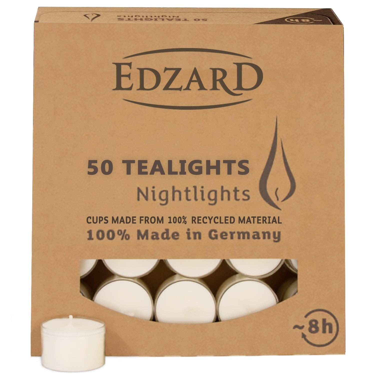 EDZARD 50 tealight Candles, White, Paraffin, Transparent Plastic Cup, odourless, Burning time Approx. 8 Hours, Nightlights