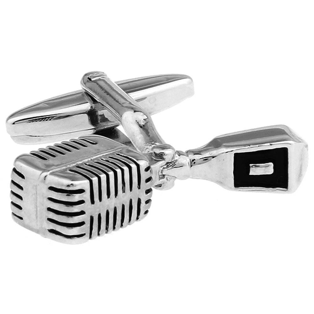 Old-School Broadcast Microphone Silver with Black Music Cufflinks
