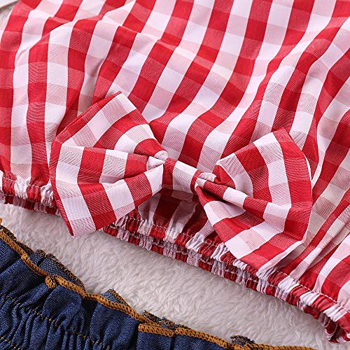 2Pcs Toddler Baby Girls Plaid Striped Bowknot Shirt Top+Ruffles Denim Skirt Summer Dress Set (Red, 2-3Years)