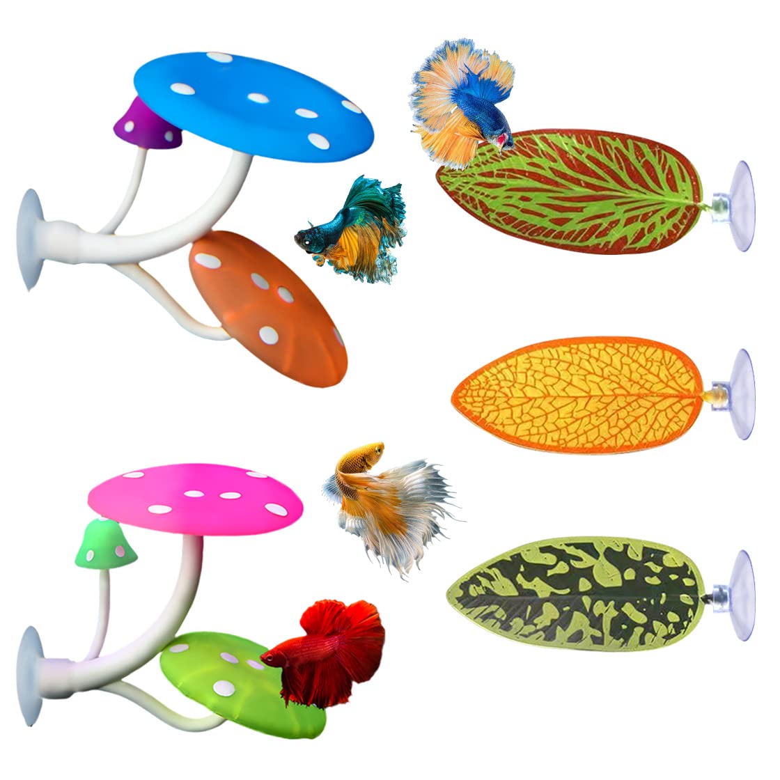 HyzaPhix 5pcs Betta Fish Leaf Pad Mushroom Silicone Betta Bed Realistic Betta Resting leaves Mushroom Betta decor for Small Fish Tank Aquarium Decorations (5PCS) — image 1