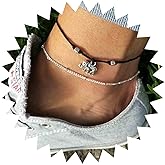 Andelaisi Boho Layered Wax Rope Anklets Vintage Elephant Ankle Bracelet Silver Elephant Pendant Anklet Bracelet Satellite Anklet Ball Beaded Foot Chain Jewelry for Women