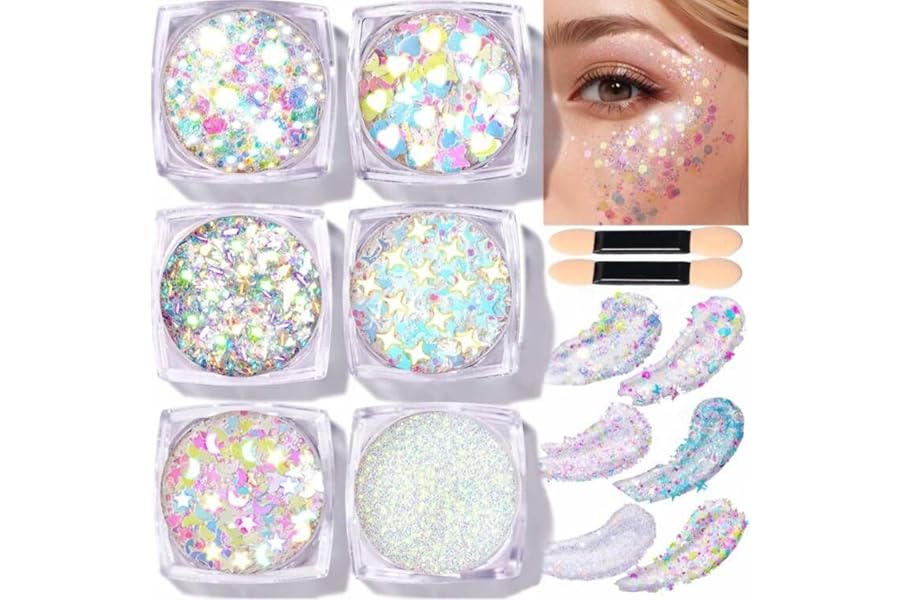 Teenitor Face Glitter Body Glitter, Clear White Body Glitter Gel, Hair Glitter Gel, 6 Shapes Rave Glitter, Mermaid Sequins Makeup Glitters Face Paint, Chunky Sparkling Glitter Gel for Women
